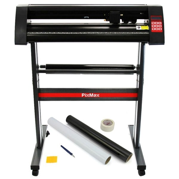 Vinyl Cutter 720mm in black and red with weeding kit, featuring a sturdy stand, cutting blade, rolls of vinyl, and application tape
