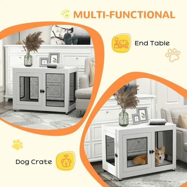 White dog cage and side table with mesh doors, shown in a living room inset