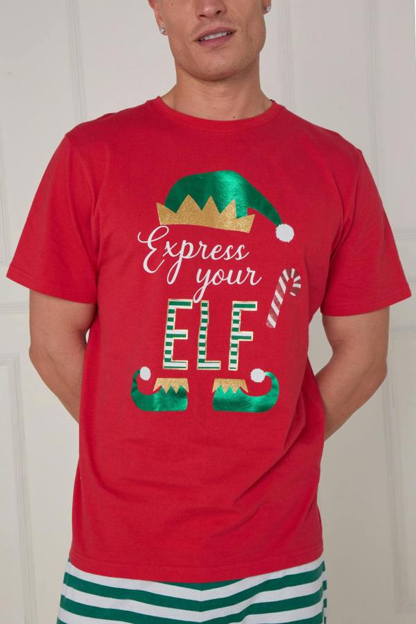 Person wearing a red t-shirt with 'Express your ELF' design against a plain background