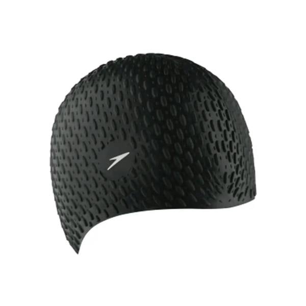 Speedo Unisex Bubble Swim Cap in black with textured pattern and logo