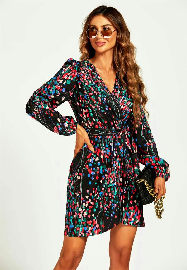 FS Collection Abstract Floral Print Wrap Mini Dress In Black