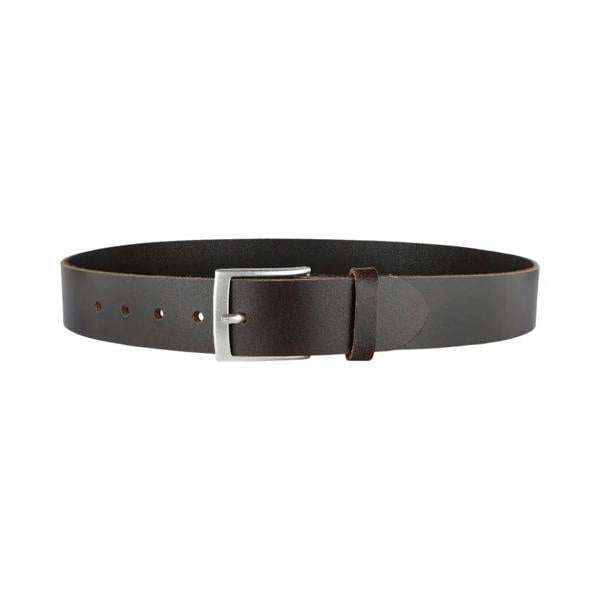 Brown leather belt with a silver buckle on a white background
