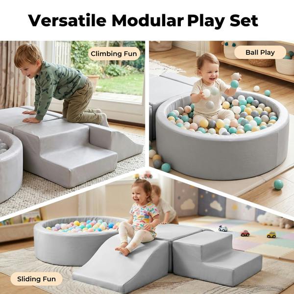 Dekko Soft Play Set 5Pc PU Leather Foam Blocks Baby Climbing Sliding Indoor Grey