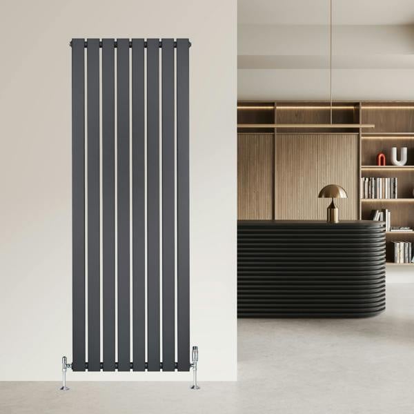Flat single column radiator in anthracite grey, 1600 x 560mm, featuring sleek vertical lines and a modern design, mounted on a wall