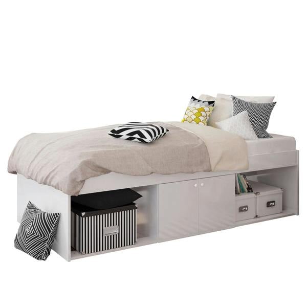 A white bed frame with a built-in 2 door central cupboard underneath, with an open recess on each side.