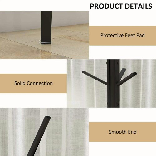 Bobobiy Freestanding Metal Coat Rack Stand 9 Hooks Clothes Tree with 1 Shelf Hat Display Hall Tree Hanger Bag Umbrella Hanging Organiser Black