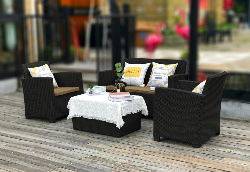 Homeology SANTANA 4 Piece PE Rattan 4-Seater with Cushions Garden Furniture and Coffee Table Set in Black