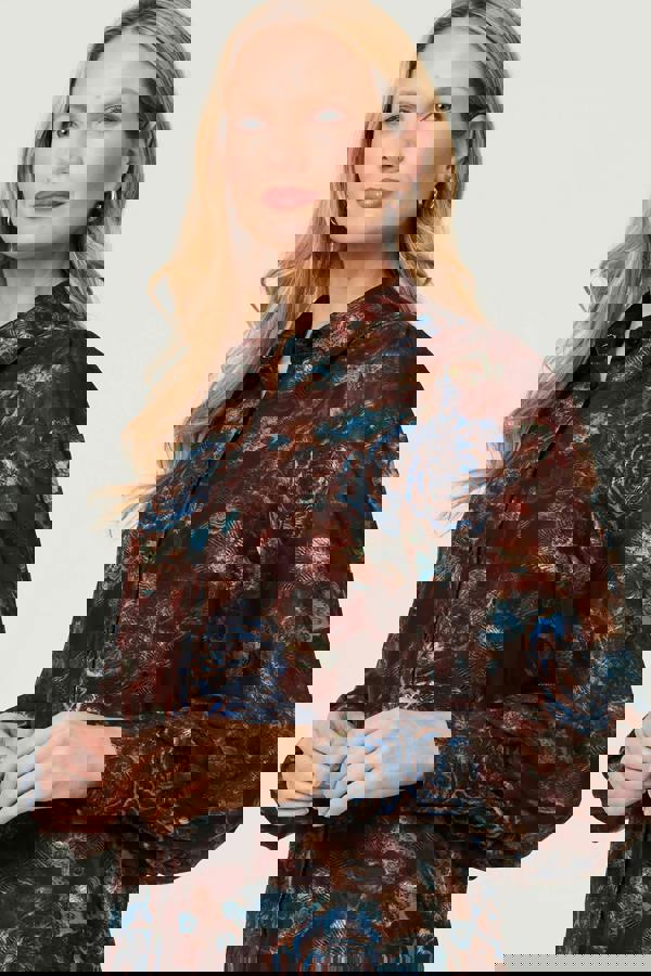 Brown | Printed Balloon Sleeve Relaxed Shirt