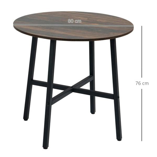 Round wooden dining table with rustic brown finish and black steel four-leg frame