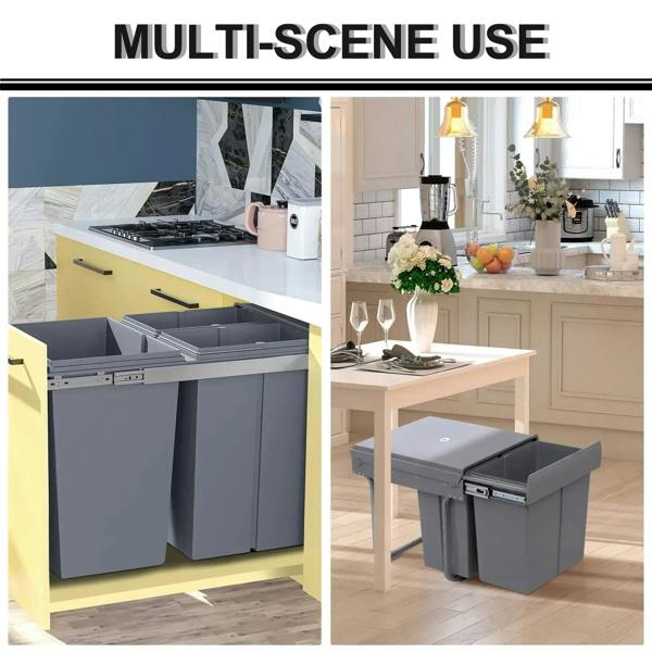 Grey pull-out recycling bins in kitchen cabinet storage space