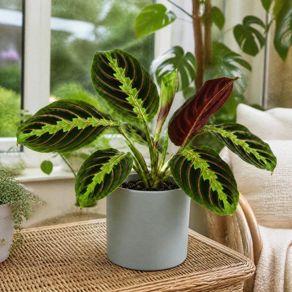 Maranta Leuconeura Prayer Plant 12cm - Beautiful Tricolour Indoor Foliage - Matt Grey Ceramic Pot - 1