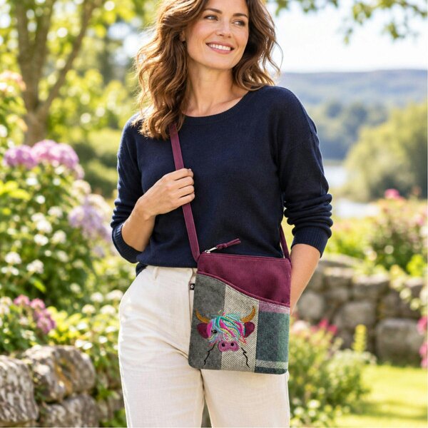 Earth Squared Highland Cow Tartan Tweed Sling Crossbody Bag