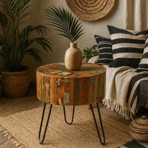 Wyld Haus Seattle Reclaimed Wood and Metal Modern Drum Side Table