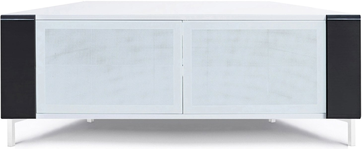MDA Designs CORVUS Corner-Friendly Gloss White Contemporary Cabinet with Black Profiles White BeamThru Glass Doors for Flat Screen TVs up to 50"