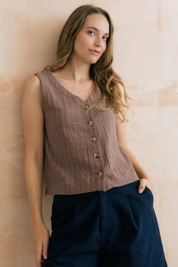 Allium Two Way Button Through Seersucker Vest Mocha