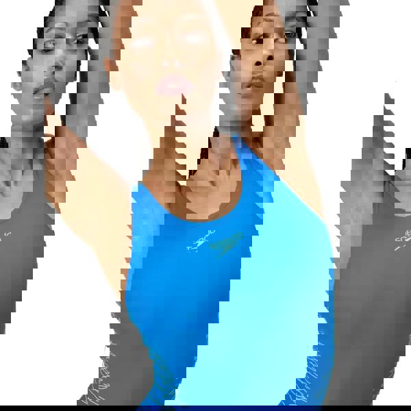 Blue Speedo placement muscleback swimsuit with white logo