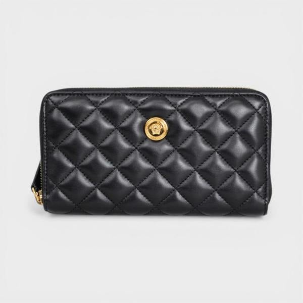 Versace Zip Around Wallet Quilted Lamb Leather Black