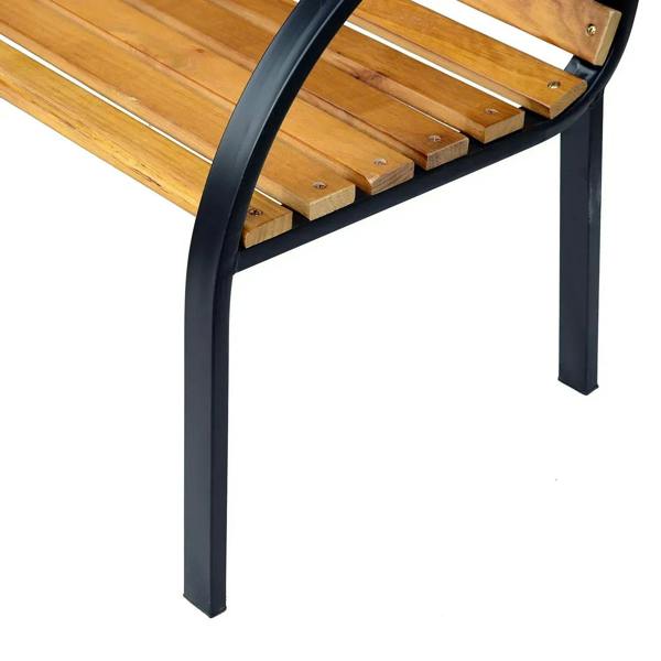 Close-up of natural wood slat seat and black steel leg of 2-seat garden bench
