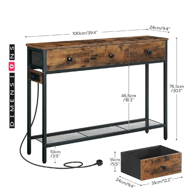 Modcraft Slim Console Table with Power Outlet and with 3 Fabric Drawers