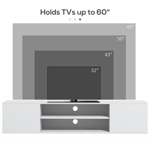 White floating TV cabinet designed to hold TVs up to 60 inches with open shelves