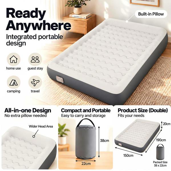 Lavio Inflatable Mattress TPU Airbed Rechargeable Pump Double Camp Bed Grey