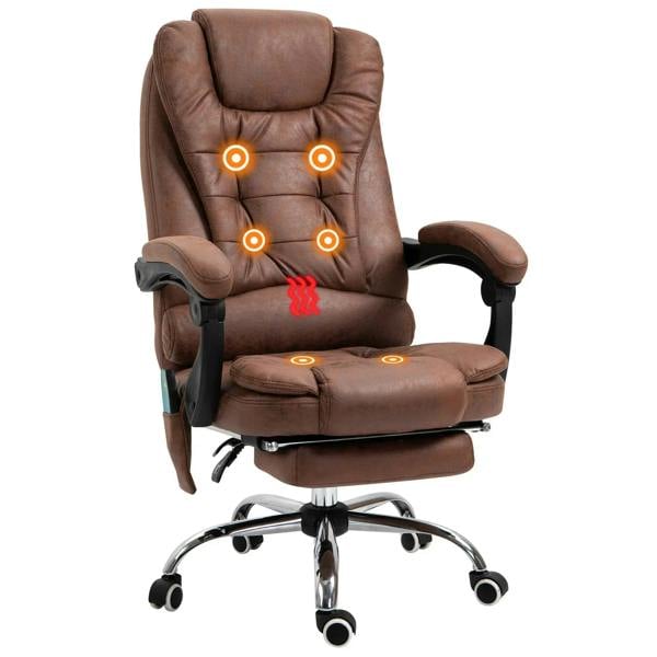 Brown ergonomic office chair with high back, armrests, and retractable footrest