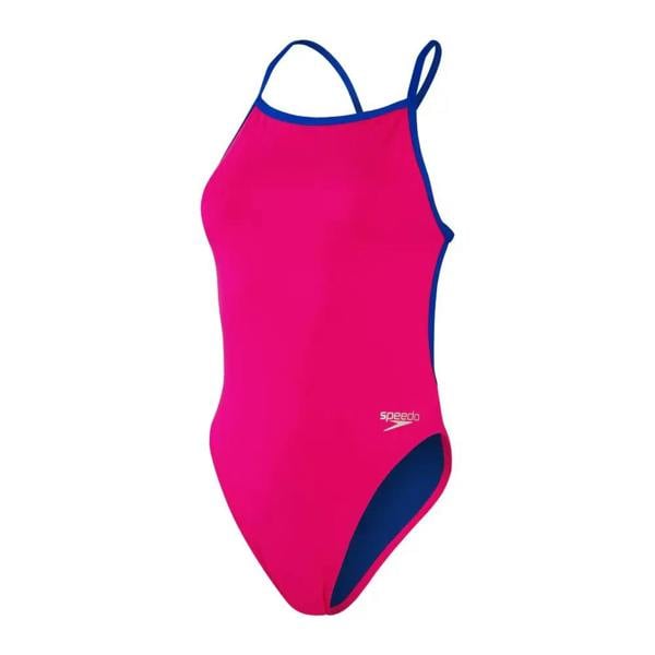 Speedo pink swimsuit with blue trim, high leg V back and shoulder straps