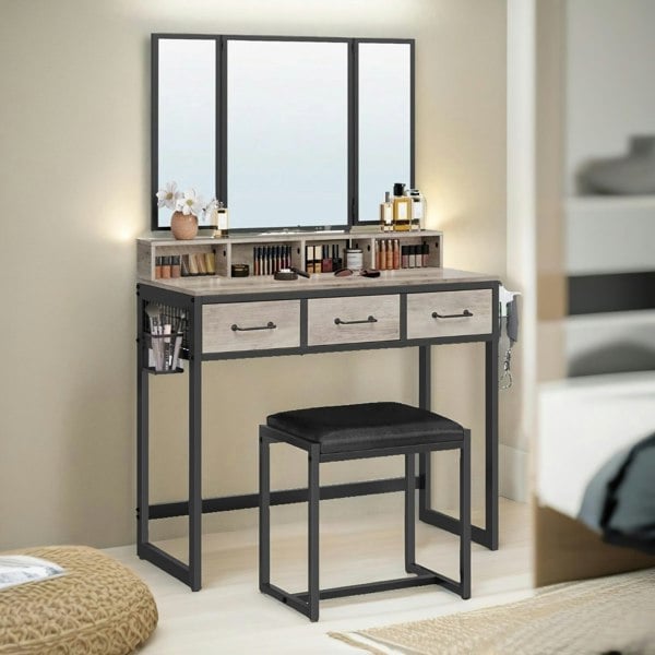 Rafaelo Mobilia 3 Drawer Dressing Table With Mirror And Stool Greige