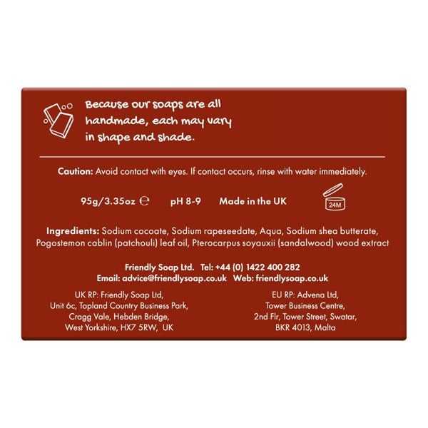 Friendly soap - patchouli and sandalwood natural soap bar packaging front