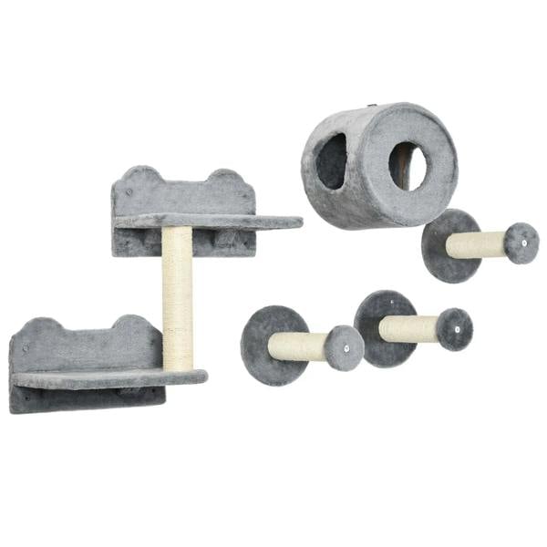 Grey wall-mounted cat furniture set with perch platforms, tunnel hideout, and scratching posts