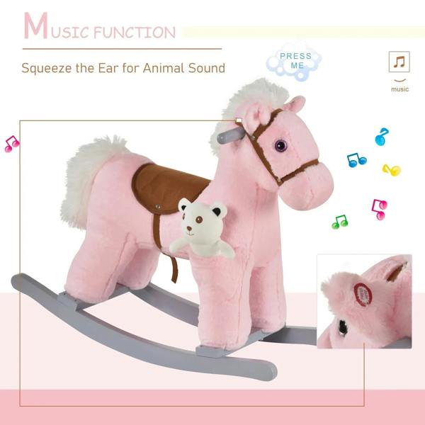 Pink plush rocking horse toy with brown saddle and plush bear doll, ear sound feature shown