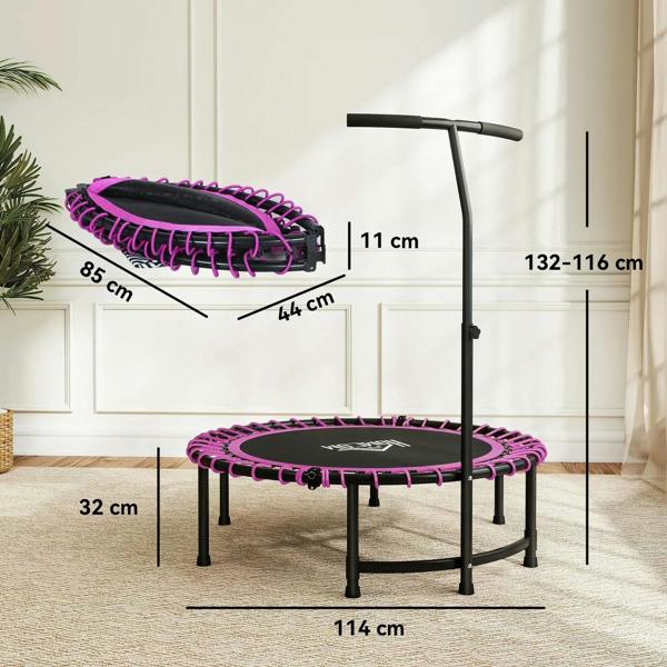 Pink mini trampoline with adjustable handle and leg dimensions shown