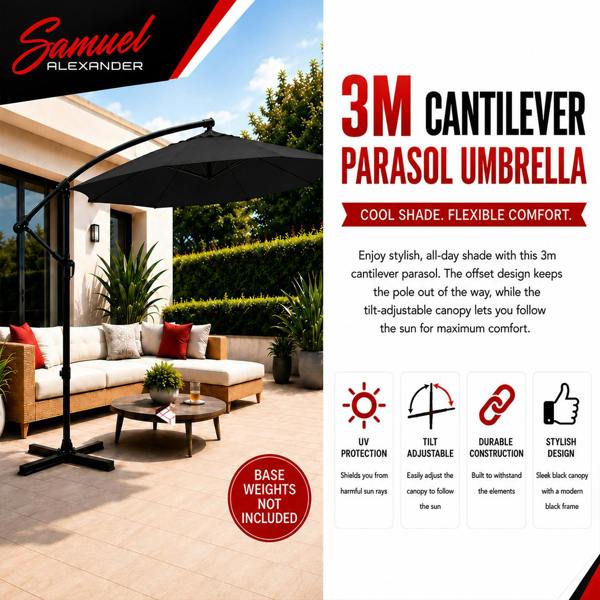 Samuel Alexander 3m Cantilever Parasol in Black with Crank Handle - Patio Garden Banana Parasol with UV Protection Outdoor Umbrella Sun Shades-Garden