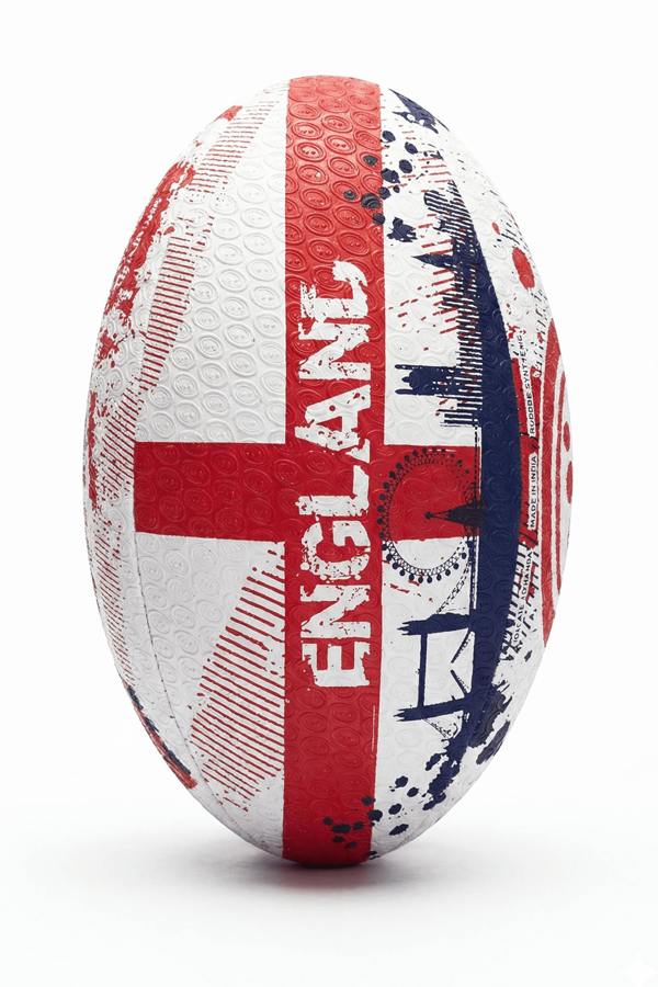 White and red Optimum England rugby ball with St George's cross and ENGLAND print, upright on white - Optimum