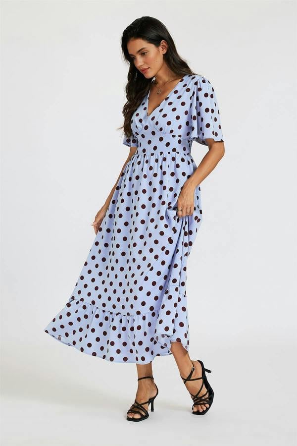 FS Collection Polka Dot Print Angel Sleeve V Neck Frill Hem Midi Dress In Blue
