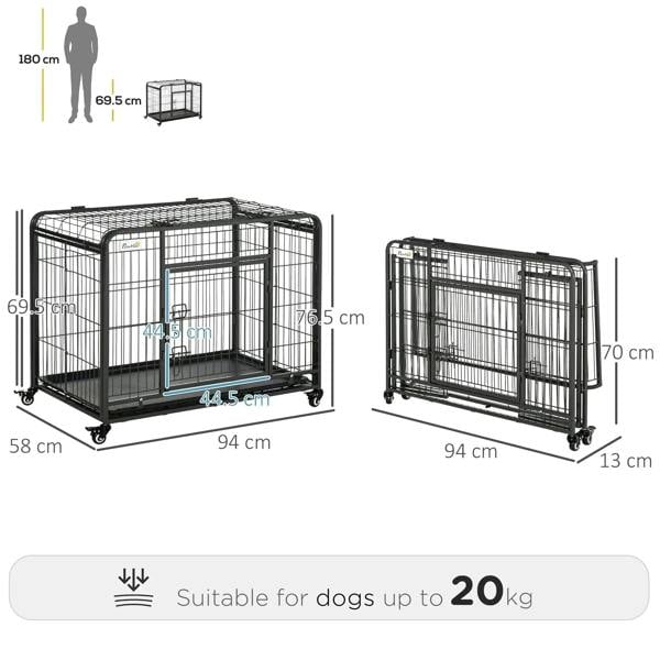 Dark grey metal dog crate with front door, side panel, and caster wheels