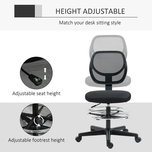 Black standing desk chair with adjustable seat height, armless design, mesh back, swivel base