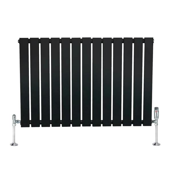 Flat black single column radiator with vertical slats and chrome valves, measuring 600mm x 910mm, ideal for modern interiors