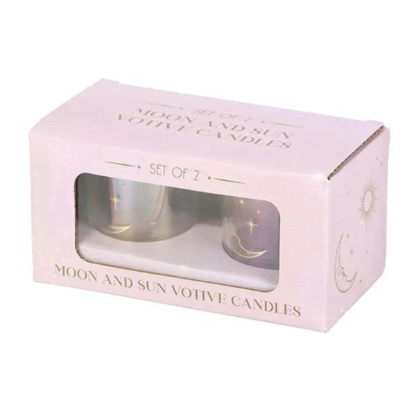 Gift box showing set of 2 moon and sun votive candles in glass