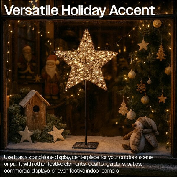 Scotts of Stow Xmas Haus Black Metal LED Christmas Star with Stand, 100 Warm White LEDs, 5m Cable, IP20 Transformer