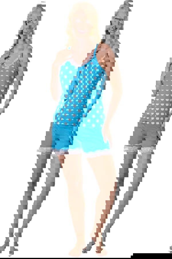 Camille Aqua Lightweight 100% Cotton Spot Printed Sleeveless Top Pyjama Set With Lace Detailing