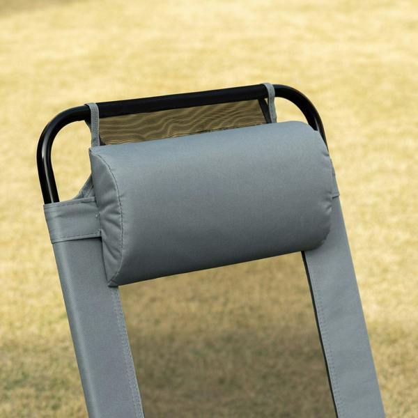Grey folding recliner chair with padded backrest and curved head pillow