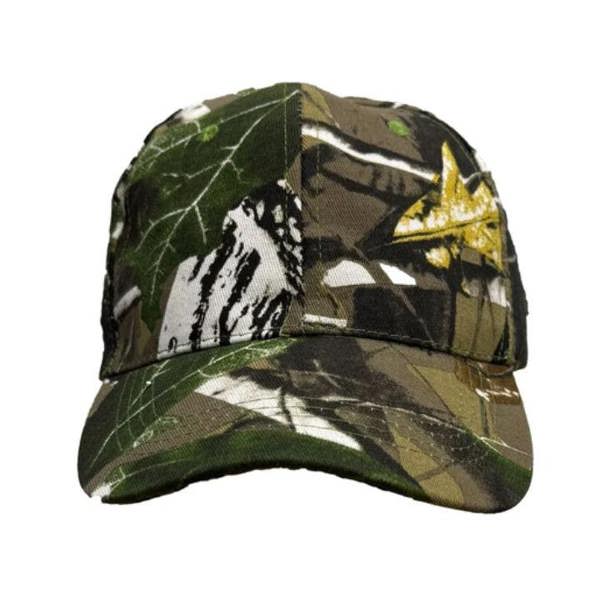 Front view of the forest camo baseball cap with peak