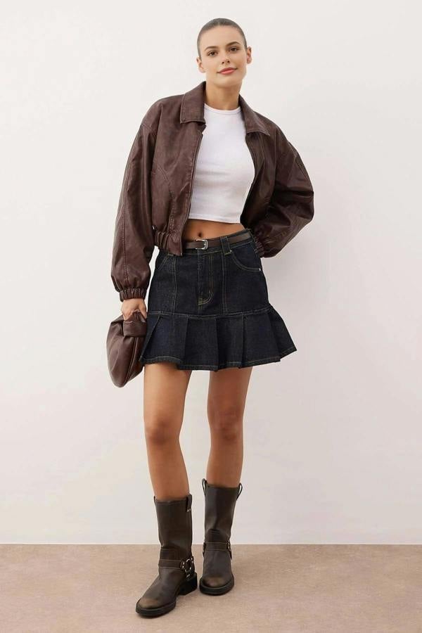 WOVCOR Belted Mini Pleated Denim Skirt