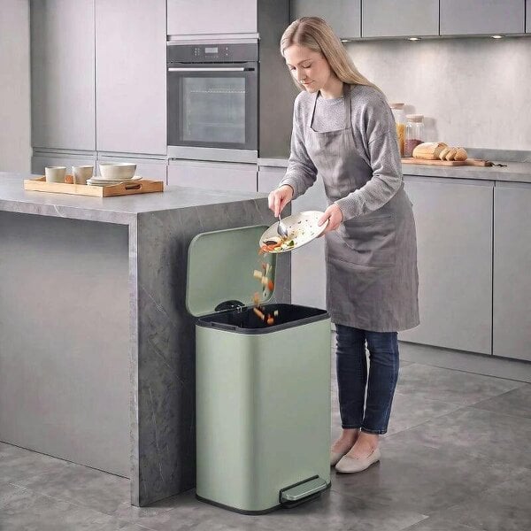 50 L Kitchen Pedal Bin, Metal Rubbish Bin with Removable Inner Bucket, Soft-Close & Stay-Open Lid, Light Green