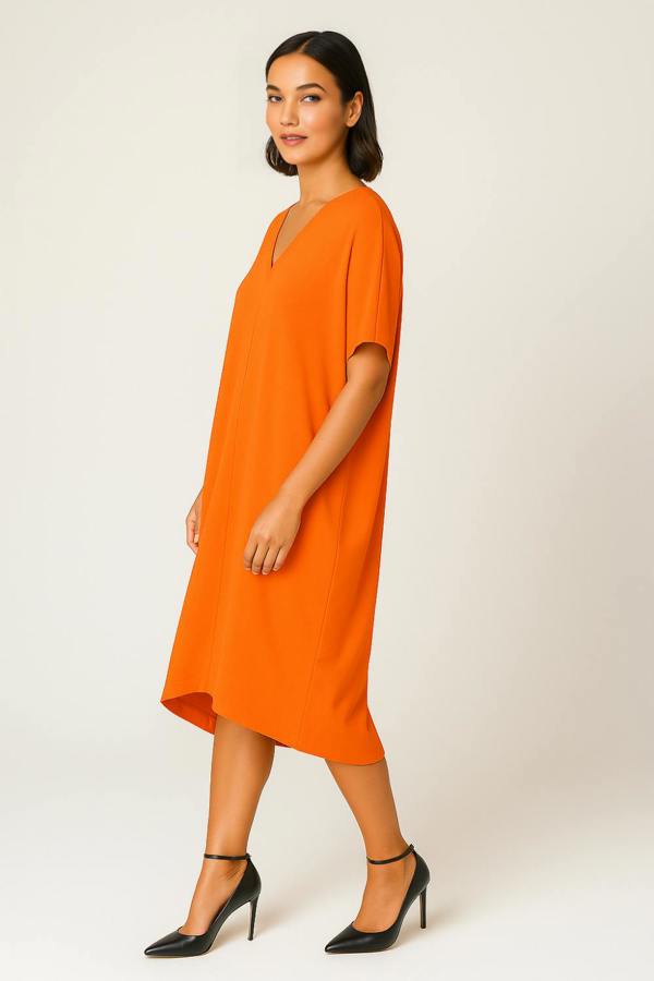 Hoxton Gal Relaxed Fit V-Neck Batwing Sleeve Midi Dress Kaftan Style in Orange