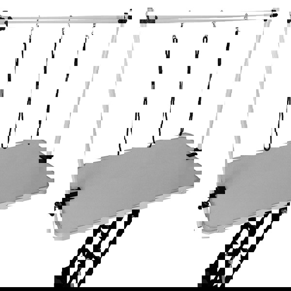 Black hydraulic grooming table with a grey textured top, adjustable height, and three grooming loops for secure pet handling