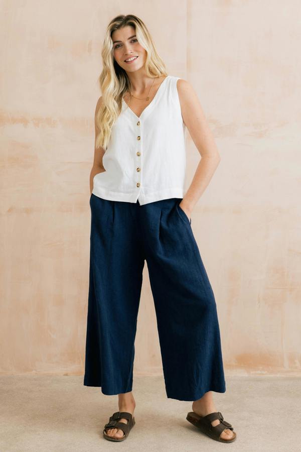 Lily & Me Summer Wide Leg Linen Blend Culottes Navy