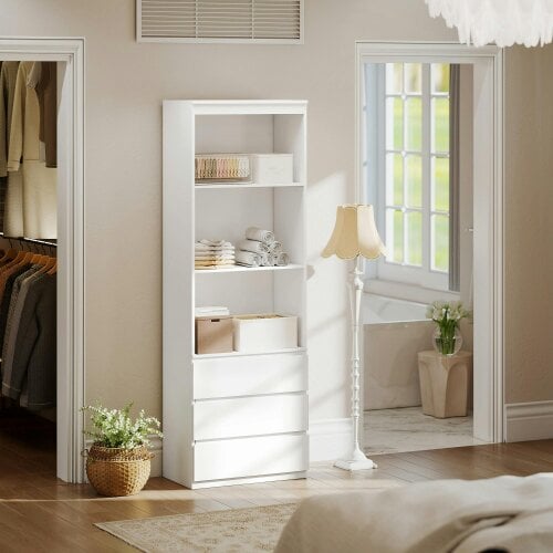 Wyld Haus Seso Wood White Tall Bookcase With Shelves And Integrated Drawers 180 cm