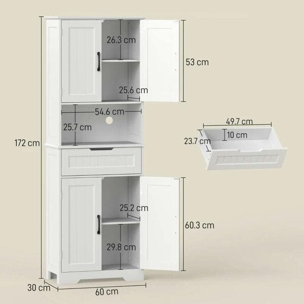 172 cm Tall Kitchen Pantry Cupboard w/ Small Open Counter, Freestanding Kitchen Cabinet w/ 2 Adjustable Shelves, White